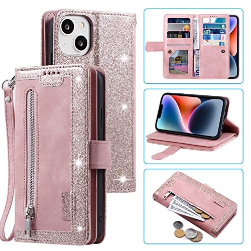 EYZUTAK Handyhülle für iPhone 13 Hülle 6.1,Flip Case Lederhülle Reißverschluss Magnetverschluss Brieftasche mit 9 Kartenfächern Standfuntion Retro Matt Ledertasche-Roségold von EYZUTAK