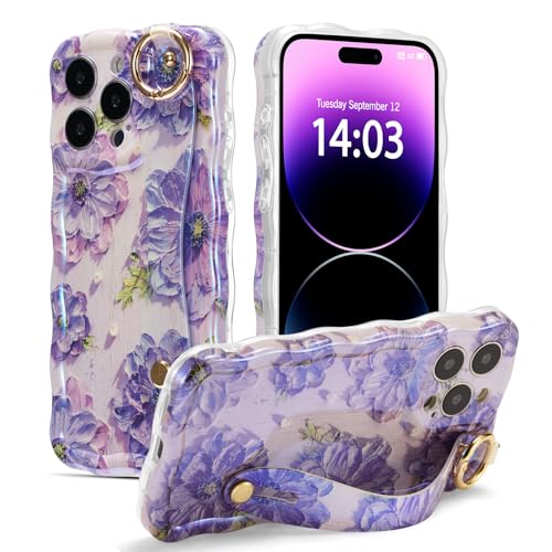 EYZUTAK Handyhülle mit Handgurt für iPhone 14 Pro,Bunte Vintage Ölgemälde Blume Hülle mit Laserblume Lockiges Wellen Rahmenform Soft TPU Case mit Der Stand Stoßfeste Schutzhülle-Violett von EYZUTAK