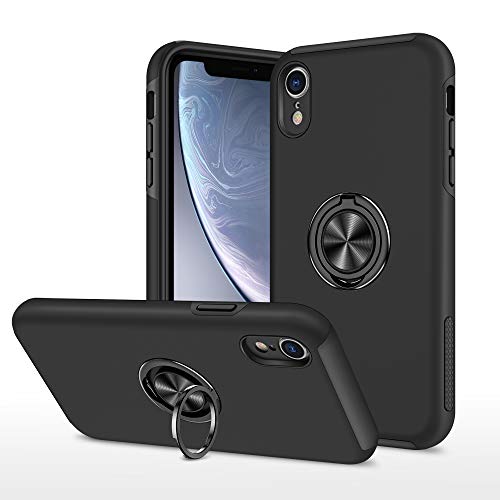 EYZUTAK Hülle für iPhone XR,Glatt Dual Layer Hard Militär Handyhülle mit 360 Grad Ring Ständer Silikon Bumper Stoßfest Schutzhülle(Kameraschutz) Magnetische Autohalterung Cover-Schwarz von EYZUTAK