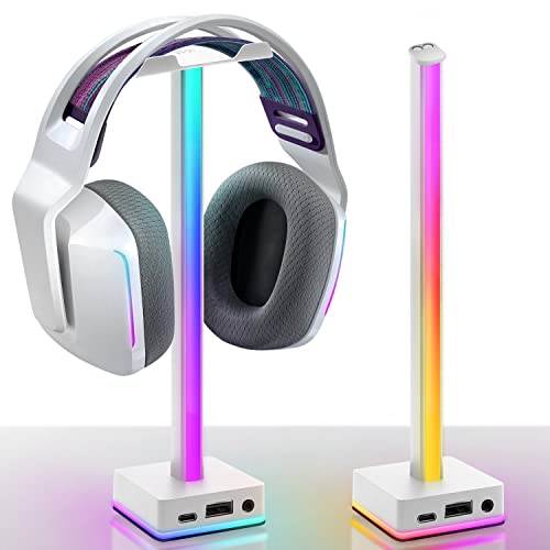 EZDIY-FAB Halterung für RGB-Kopfhörer, LED-Lichtleiste USB für Kopfhörer, RGB-Hintergrundbeleuchtung, 50 integrierte Farbmodi, Halterung für Kopfhörer für Gamer, PC, PS5, Bürozubehör – Weiß von EZDIY-FAB