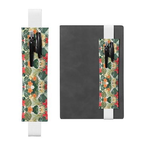 Stifthalter mit Vegetationsblättern und Hibiskusblumen-Druck, verstellbares Gummiband, Stifthalter, PU-Leder-Stifttasche für Hardcover-Tagebücher, Notizbücher von EZDLOWVBA