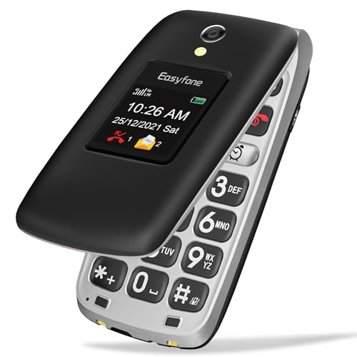 Easyfone Prime-A1 Pro 4G Mobiltelefon Seniorenhandy Klapphandy ohne Vertrag, Großtasten-Handy mit 4G und Tasten Notruffunktion, Taschenlampe, 1500mAh Akku und Ladestation (Rot) (Schwarz) von Easyfone