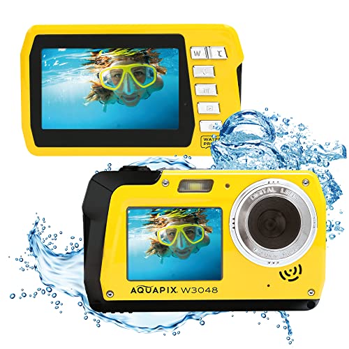 Aquapix W3048 'Edge' Unterwasserkamera mit Zwei Displays, wasserfest bis 3 m, bis zu 48 MP Auflösung, 16x Digital-Zoom, 13 MP Sensor, Video bis 4K, Gelb von Aquapix