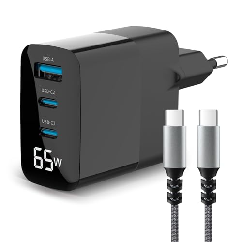 Eaxus® USB C Ladegerät 65 Watt mit LED Display + USB-Ladekabel - 3 Port Schnellladegerät mit PD - Geeignet für iPhone, iPad, Samsung Galaxy, MacBook, Laptop & Co., Schwarz von Eaxus