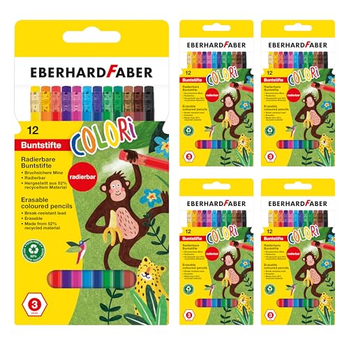 Eberhard Faber 599030 - Buntstifte Set 5 x 12 Farbstifte, hexagonal Form, bruchsicher, radierbar, Malstifte für Kinder von Eberhard Faber