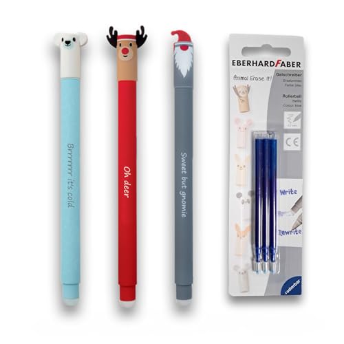 Eberhard Faber Animal Erase Stifte korrigierbare Gelschreiber Weihnachten Eisbär, Wichtel und Rentier + 3er Pack Minen blau (Weihnachtsset + Minen) (Weihnachsset + Minen) von Eberhard Faber