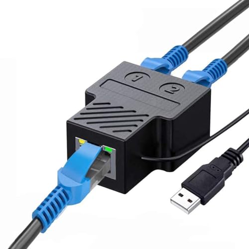 Editbar Ethernet Splitter 1 auf 2, 100Mbps LAN Splitter 1 auf 2, RJ45 Adapter Lan Switch 2 Ports mit USB Stromkabel für Cat8 Cat7 Cat6 Cat5 Cat5e Kabel von Editbar