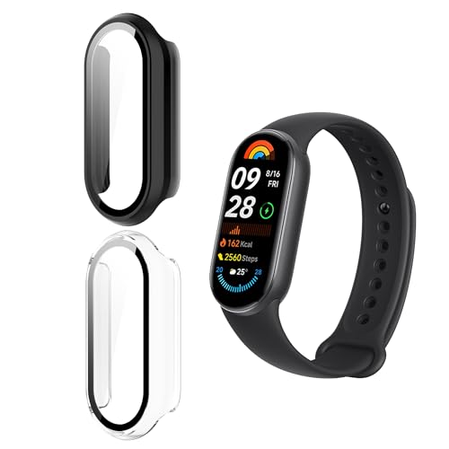 Effcotuo 2 Stück Hülle für Xiaomi Smart Band 9 mit Panzerfolie Schutzfolie für Panzerglas Displayschutzfolie Handyhülle Cover Vollschutz Gegen PC Folie-Hülle Komp Gehärtetes Anti-Scratch von Effcotuo