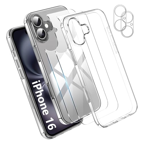 Effcotuo Hülle für iPhone 16 6.1“ Cover mit Panzerfolie für Panzerglas Rückseite Displayschutzfolie Schutzfolie Durchsichtig Handyhülle Transparent Silikon TPU Schutzhülle Case von Effcotuo