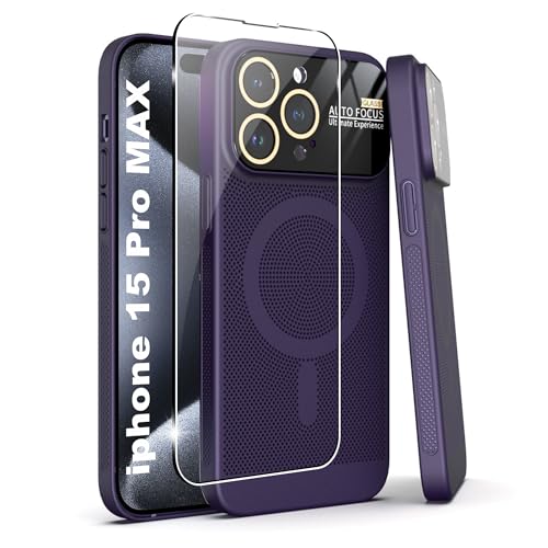 Effcotuo Schutzhülle für iPhone 15 Pro Max Hülle Cover Magnetische Wärmeableitung hülle mit 1 Stück Panzer Schutz Glas Schutzfolie Mattierte Rückseite Schutzhülle Schlanke Abdeckung - Violett von Effcotuo