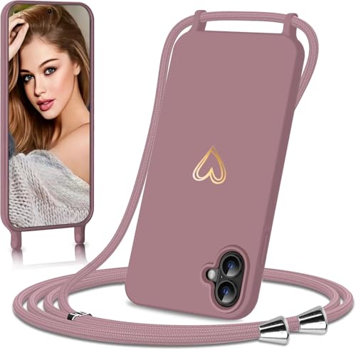 Eherui Handykette für iPhone 16 Hülle mit Band,Design Gold Herz,Dünn Stoßfeste SchutzHülle,mit Abnehmbar Kordel zum Umhängen Liquid Silikon Case Handyhülle für iPhone 16 6,1 Zoll,Rosa von Eherui