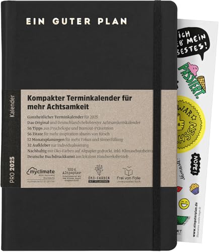 Ein guter Plan Pro 2025– Kompakter Terminkalender für mehr Achtsamkeit im Alltagschaos – Datierter Planer mit Kunstledereinband, Gummiband und Froschtasche (Schwarz 2025) von Ein guter Plan