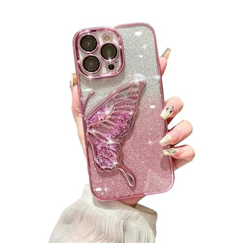 Einaily Glitzer Hülle für iPhone 15 Pro Max, 3D Schmetterling Dreidimensional Handyhülle mit funkelnder Treibsand, Bling Farbverlauf Karte, Kameraschutz Transparent Schutzhülle für Frauen,Rose von Einaily