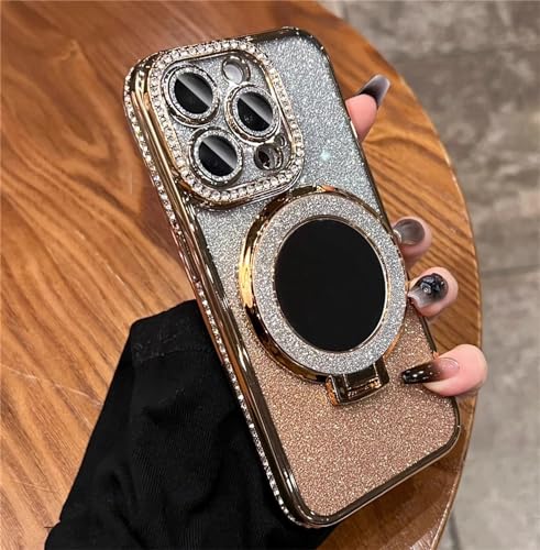 Einaily Glitzer Hülle für iPhone 16 Pro Max Magnetisch Handyhülle mit Ring Ständer,Glitter Strass Handyhülle Transparent TPU Silikon Case mit Makeup Spiegel Stoßfest Kratzfest Schutzhülle, Gold von Einaily