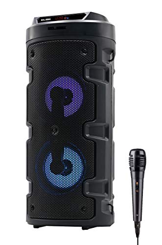 Elbe ALT-88-TWS Tragbarer BT-Karaoke-Lautsprecher mit Licht, 10 W, SD, USB, FM, Mikrofon mit Kabel, 10 W, 4 Stunden, kompatibel mit TWS, Fernbedienung, Lithium-Akku, Schwarz von Elbe