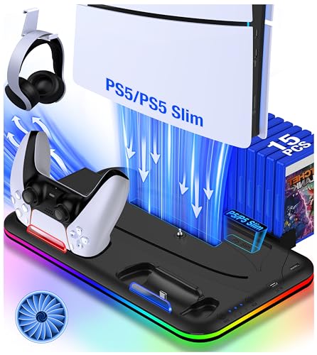 Elegamefy PS5 Slim Ständer mit Kühler Lüfter, Standfuß für PS5/PS5 Slim Disc & Digital Konsole mit Controller Ladestation/RGB Licht/15 Spiele Lagerung/Headset Halterung Zubehör von Elegamefy