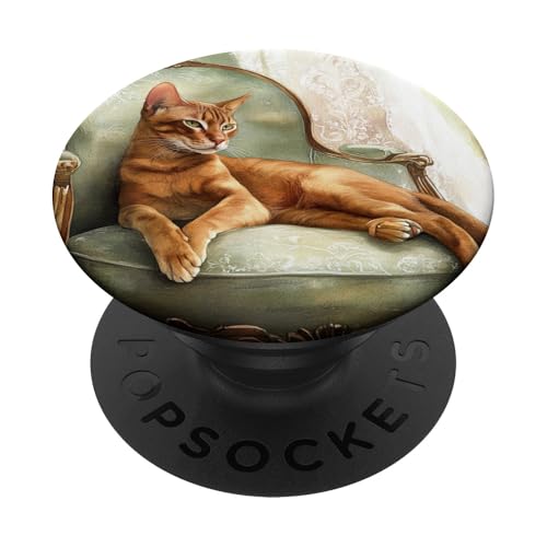 Bezaubernde orangefarbene Katze auf antikem grünem Stuhl PopSockets Klebender PopGrip von Elegant Cat Art & Vintage Charm Designs