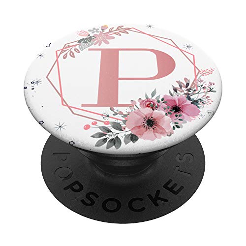 Rosa Blumen mit Buchstabe P Geschenk Initial P PopSockets PopGrip: Ausziehbarer Sockel und Griff für Handys/Tablets mit Tauschbarem Top von Elegante Blume Handygriffe Alle Buchstaben A-Z