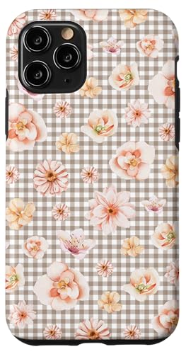 Hülle für iPhone 11 Pro Aquarell-Blumenblütenmuster auf hellbeigem Gingham von Elegantes botanisches Blumenmuster im Vintage-Stil