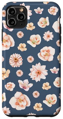 Hülle für iPhone 11 Pro Max Aquarell-Blumenblütenmuster auf Marineblau von Elegantes botanisches Blumenmuster im Vintage-Stil