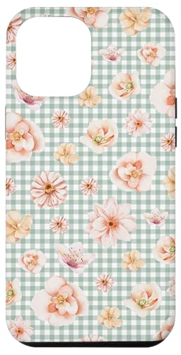 Hülle für iPhone 13 Pro Max Aquarell-Blumenblütenmuster auf mintgrünem Gingham von Elegantes botanisches Blumenmuster im Vintage-Stil