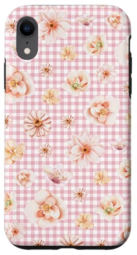 Hülle für iPhone XR Aquarell-Blumenblütenmuster auf pastellrosa Gingham von Elegantes botanisches Blumenmuster im Vintage-Stil