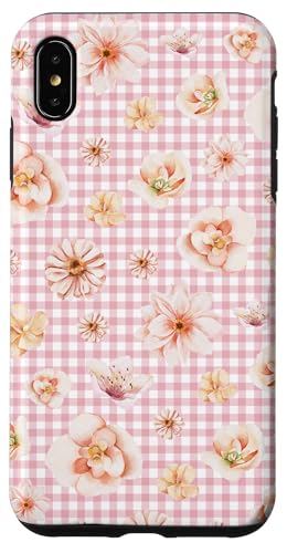 Hülle für iPhone XS Max Aquarell-Blumenblütenmuster auf pastellrosa Gingham von Elegantes botanisches Blumenmuster im Vintage-Stil