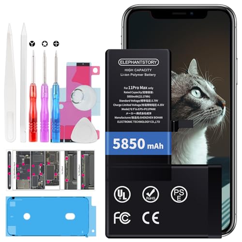 Akku für iPhone 11 Pro Max 5850 mAh Hohe Kapazität Akku A2218 A2161 A2220 Interner Ersatzakku mit Komplettem Reparaturset, Anleitung und Schraubplatte von ElephantStory