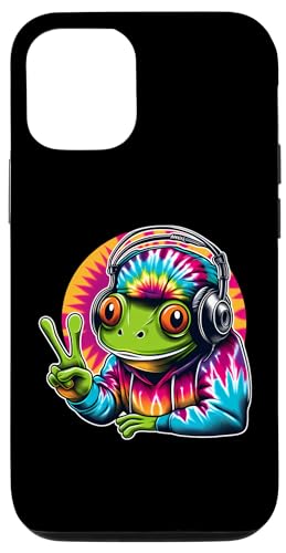 Hülle für iPhone 15 Pro Batik-Frosch-Friedenszeichen-Hippie-Frosch mit Kopfhörern von Emisay Lustiges Frosch-T-Shirt