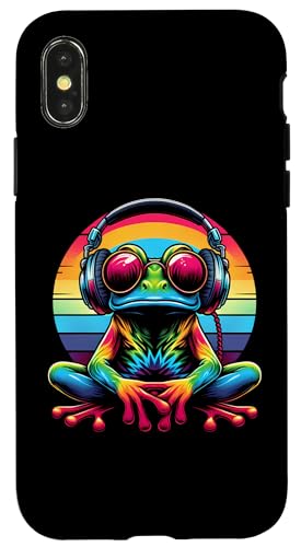 Hülle für iPhone X/XS Batik-Frosch-Friedenszeichen-Hippie-Frosch mit Kopfhörern von Emisay Lustiges Frosch-T-Shirt