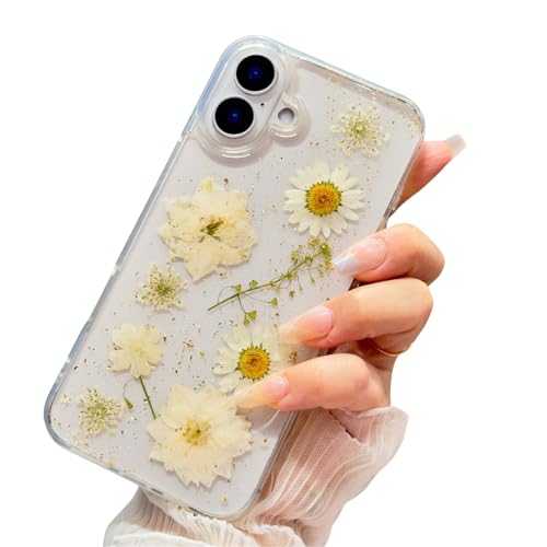 Emlivi Blumen Glitzer Hülle für iPhone 16 Pro, Transparent Echte Getrocknete Handyhülle Blumen Motiv Case Kristall Gel Floral TPU Cover Frauen Stoßfeste Schutzhülle für iPhone 16 Pro, Weiß Blume von Emlivi