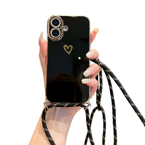 Emlivi Handykette Hülle für iPhone 13 Pro, Kameraschutz Herz Love Design Galvanik Handyhülle mit Band TPU Bumper Cover zum Umhängen Liebesherz Stoßfest Schutzhülle für iPhone 13 Pro, Schwarz von Emlivi