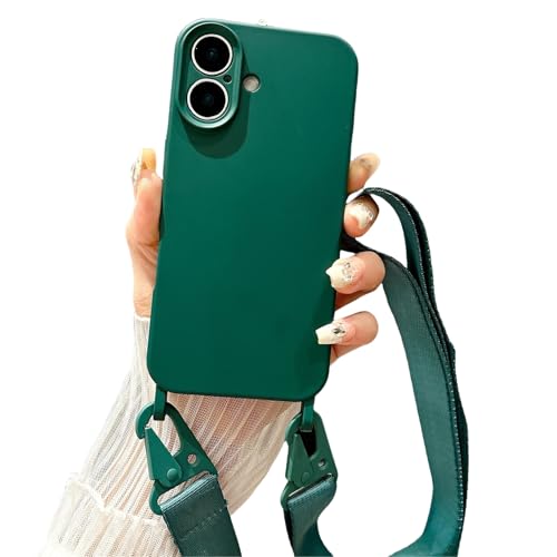 Emlivi Handykette Hülle für iPhone 16 Plus, Necklace Handyhülle Nylon Schultergur Weich TPU Cover mit Kordel zum Umhängen Case Stoßfest Schutzhülle mit Band für iPhone 16 Plus, Armeegrün von Emlivi