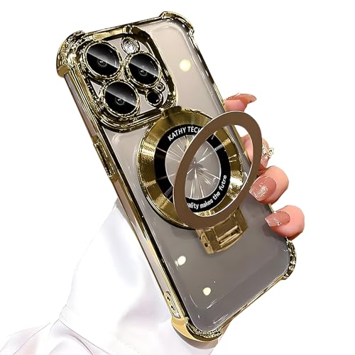 Emlivi iPhone 15 Pro Klar Hülle Kompatibel mit Mag-Safe,Galvanisierte Magnetisch Handyhülle Ring Ständer,Transparent Kameraschutz TPU Case Cover,Vier Ecken Anti-Fall Schutzhülle,Golden von Emlivi