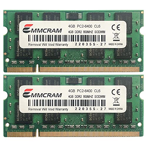 EMMCRAM 8GB (2x 4GB) PC2-6400 DDR2-800 200PIN SoDIMM Laptop RAM Non-ECC Unbuffered Notebook Speicher für Dell E6400,E6500, Inspiron 1545, M4400,E5500 von Emmcram