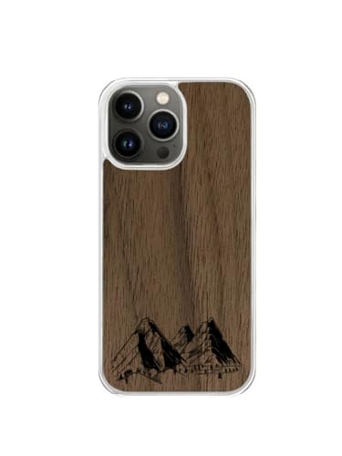 Enowood Schutzhülle aus Holz, für iPhone, handgefertigt, transparent, Motiv: Berg, Gravur – iPhone 14 Pro – Walnuss von Enowood