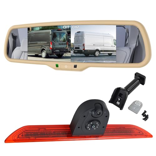 Dritte hohe Bremslicht-Doppelobjektiv-Rückfahrkamera mit 17,4 cm (6,8 Zoll) Dual-Bildschirm-Spiegel-Monitor-Kit für Ford Transit (2014–2018) Van Rückfahrkamera (beigefarbenes Set) von EnruigeOK