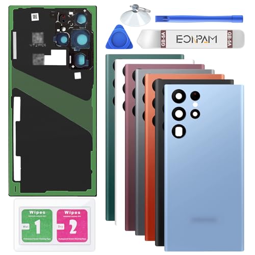 Eonpam Akkudeckel für Samsung Galaxy S22 Ultra 5G S908 Rückseite Glas Original Backcover Back Glas Ersatz Reparatur Set mit Kameraobjektiv (Blau) von Eonpam