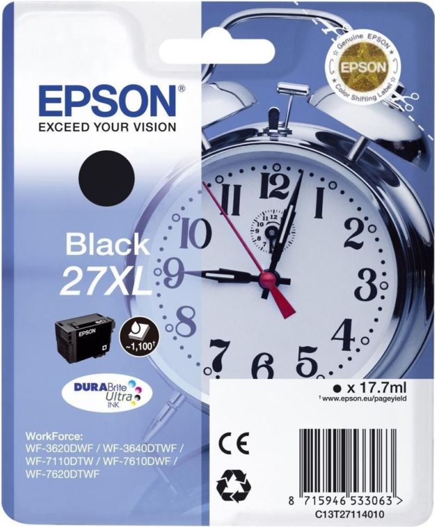 Epson 27XL - 17,7 ml - Gr��e XL - Schwarz - Original - Tintenpatrone - f�r WorkForce WF-3620DWF Stickers, WF-3640DTWF, WF-7110DTW, WF-7610DWF, WF-7620DTWF (C13T27114012) von Epson