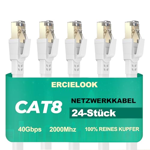 Ercielook Lan Kabel 0,15m-24 Stück - Hochgeschwindigkeits 40 Gbit/s Cat8-Netzwerkkabel für den Außen- und Innenbereich, wetterfest, UV-beständig für Router/Gaming/Modem von Ercielook