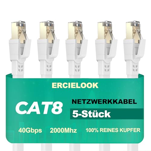 Ercielook FlachLan Kabel 1m-5 Stück - Hochgeschwindigkeits 40 Gbit/s Cat8-Netzwerkkabel für den Außen- und Innenbereich, wetterfest, UV-beständig für Router/Gaming/Modem von Ercielook