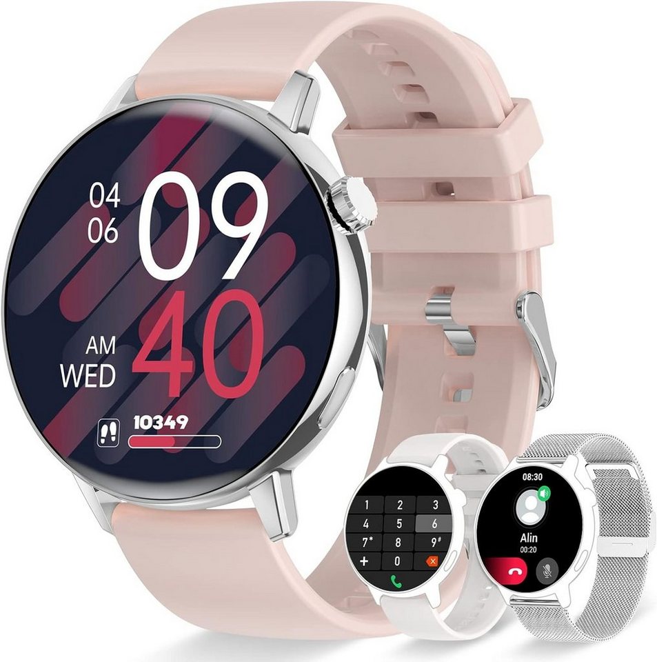 Erkwei Smartwatch Damen mit Bluetooth Anrufe Touchscreen Damenuhr Smartwatch (1,32 Zoll, Android iOS), Fitnessuhr mit Schrittzähler Herzfrequenzmonitor Schlafmonitor SpO2 von Erkwei