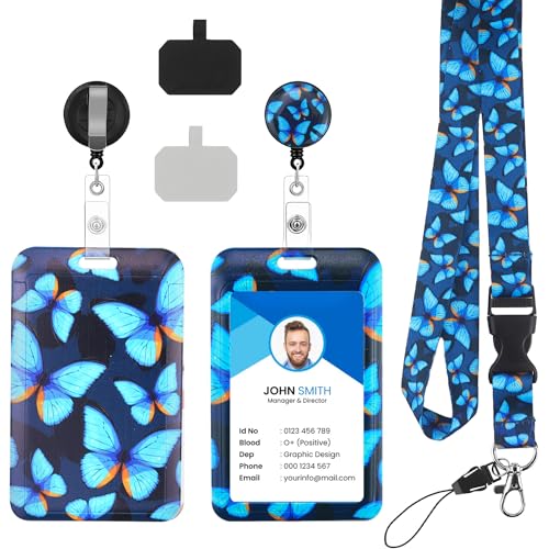 Ausweishalter mit Schlüsselbänder Einziehbarer Schlüsselband Ausweishalter mit Einziehbarem Badge Reel, Handy-Tether-Hahn und abnehmbarem Lanyard für Büro, Schulbedarf (Blau Schmetterling) von Erzekrim