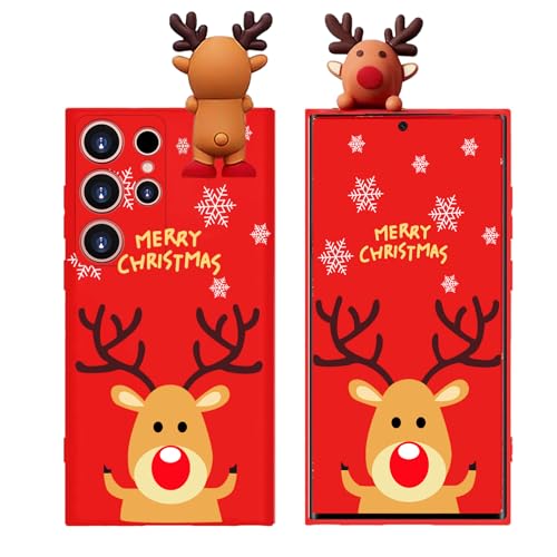 Esakycn Kompatibel mit Samsung Galaxy S24 Ultra 5G Hülle, Weihnachten Schutzhülle 3D Rot Karikatur Silikon Motiv Design Handyhülle Christmas Geschenk Case Kompatibel mit S24 Ultra 6,8", Hirsch von Esakycn