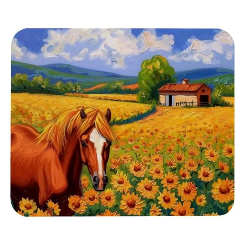 Eslifey Bequemes Mauspad Bauernhofpferd Sonnenblumen Malerei Desktop Mousepad, 21 x 25 cm Mauspad, rutschfeste Gummiunterseite, verbessert Geschwindigkeit und Präzision von Eslifey