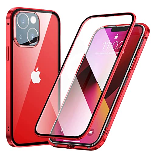 Esteller Kompatibel Hülle iPhone 13 Mini Magnetische Adsorption Handyhülle [mit Kamera Schutzfolie] 360 Grad Schutz Doppelte Seiten Transparent Gehärtetes Glas Handyhülle für iPhone 13 Mini, Rot von Esteller