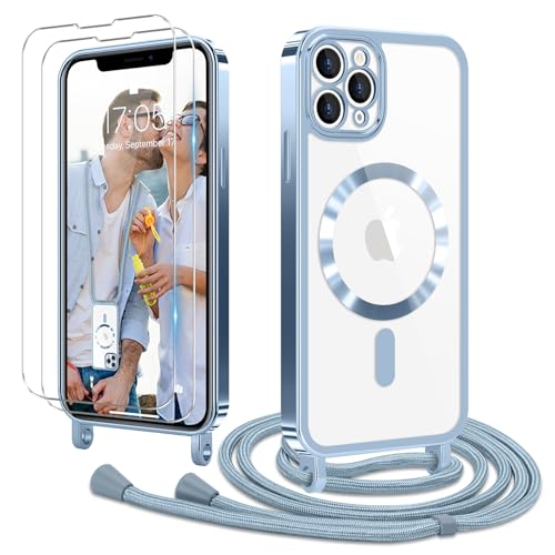 Ethanger Handykette für iPhone 11 Pro Hülle mit Band + 2 Stück Glas Schutzfolie Transparent Silikon Handyhülle Magnetische Schutzhülle Case zum Kordel Abnehmbar für iPhone 11 Pro Blau von Ethanger