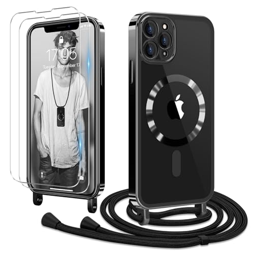 Ethanger Handykette für iPhone 11 Pro Max Hülle mit Band + 2 Stück Glas Schutzfolie Transparent Silikon Handyhülle Magnetische Schutzhülle Case zum Kordel Abnehmbar für iPhone 11 Pro Max Schwarz von Ethanger