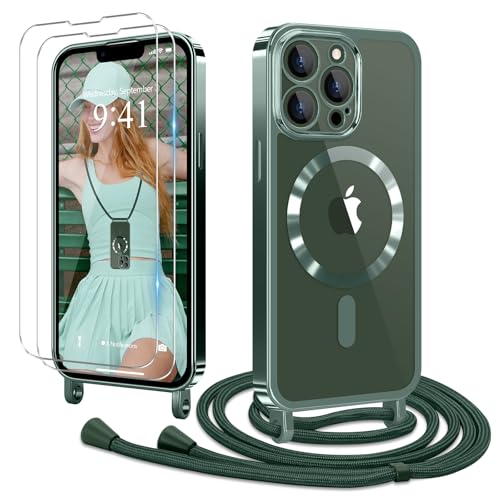 Ethanger Handykette für iPhone 13 Pro Hülle mit Band + 2 Stück Glas Schutzfolie Transparent Silikon Handyhülle Magnetische Schutzhülle für iPhone 13 Pro Grün von Ethanger