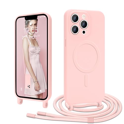 Ethanger Handykette für iPhone 13 Pro Max Hülle mit Band [Kompatibel mit Magsafe] Flüssig Silikon Necklace Handyhülle Magnetische Schutzhülle zum Umhängen Kordel für iPhone 13 Pro Max Rosa von Ethanger